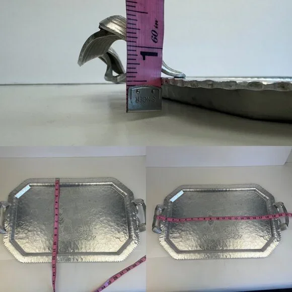 Vtg Deer‎ Geese Trade Continental Hand Wrought Hammered Aluminum Tray w Handles - Picture 3 of 11
